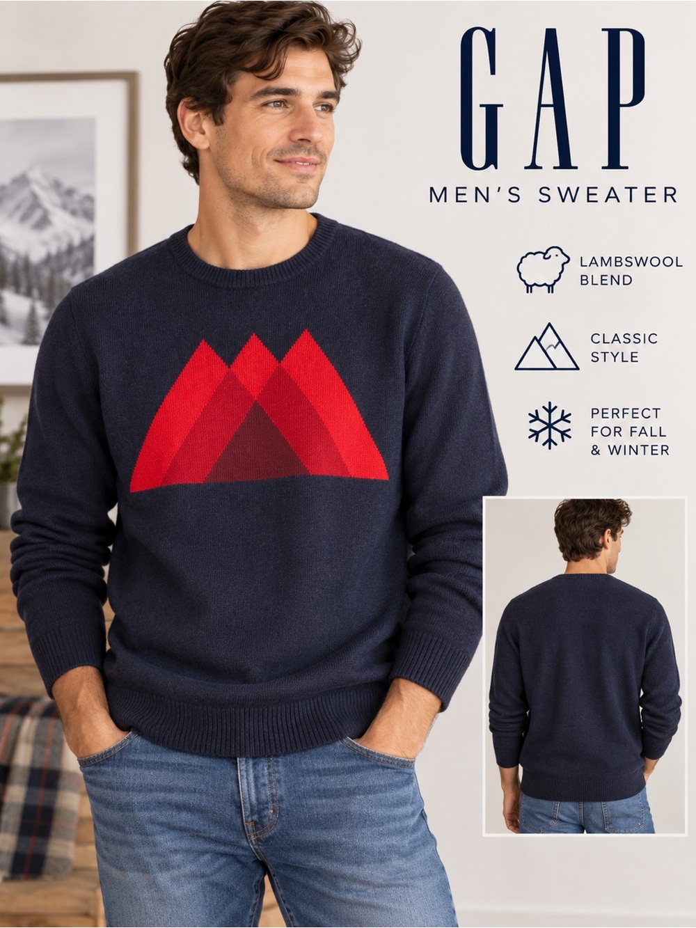 GAP Men’s Lambswool Blend Geometric Crewneck Sweater Large Navy Red